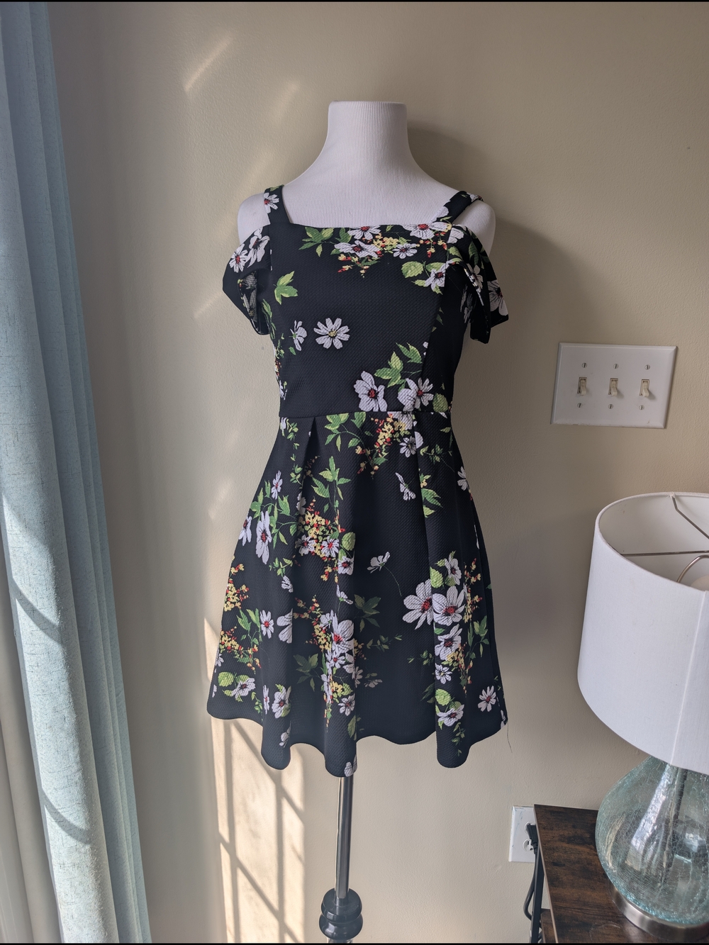 Soprano Black Floral Cold-Shoulder Skater Dress